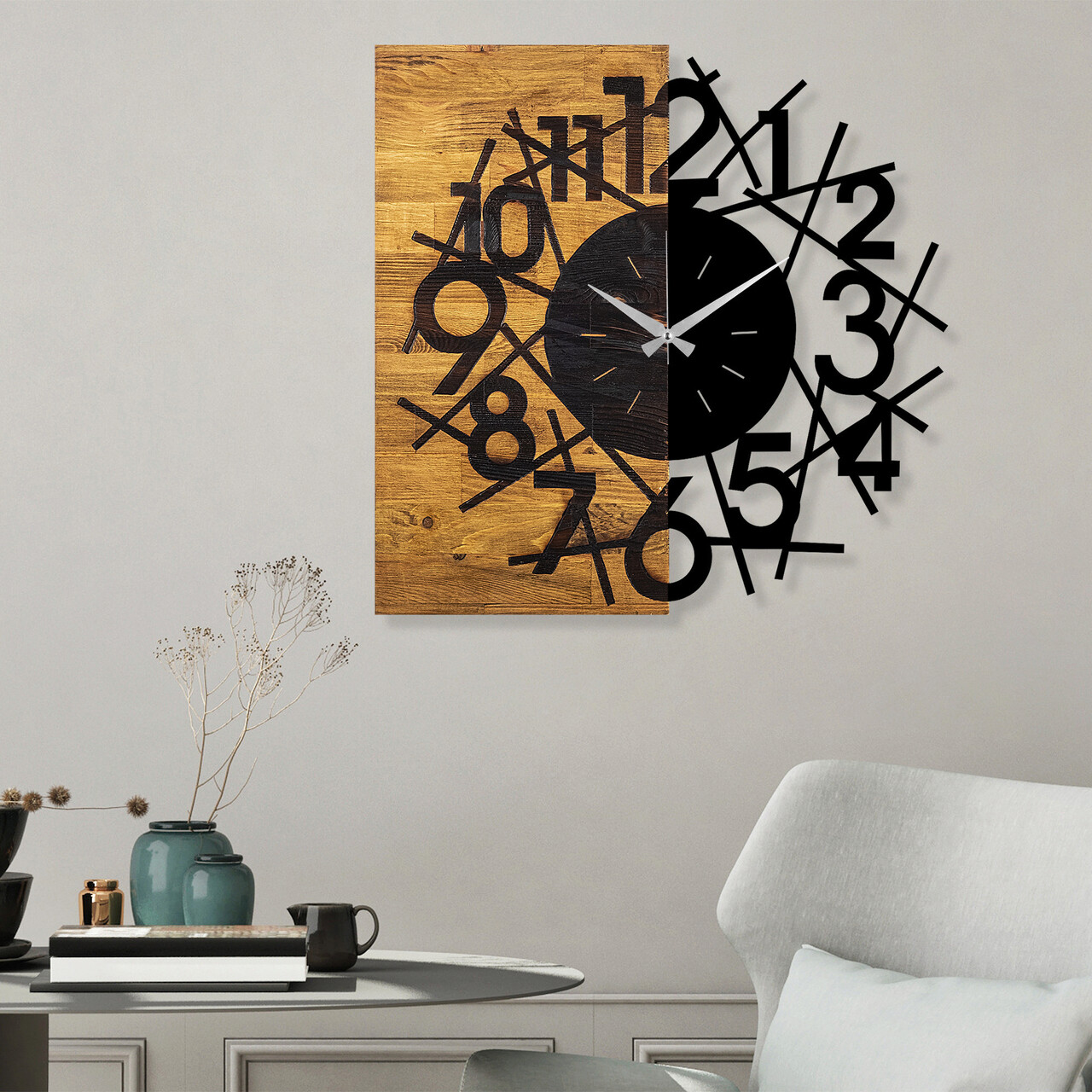 Ceas de perete, Wooden Clock 26, Lemn/metal, Dimensiune: 59 x 3 x 58 cm, Nuc / Negru - 1 | YEO