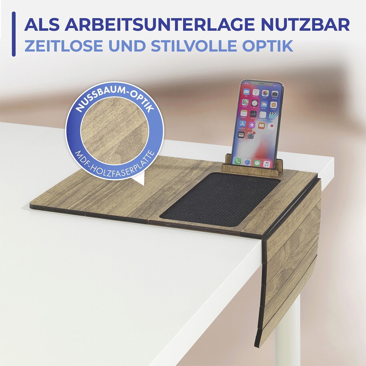 Tava multifunctionala pentru canapea, cu suport pentru smartphone si tableta Maximex, Sofa, 49x28x0.8 cm, MDF, maro/negru