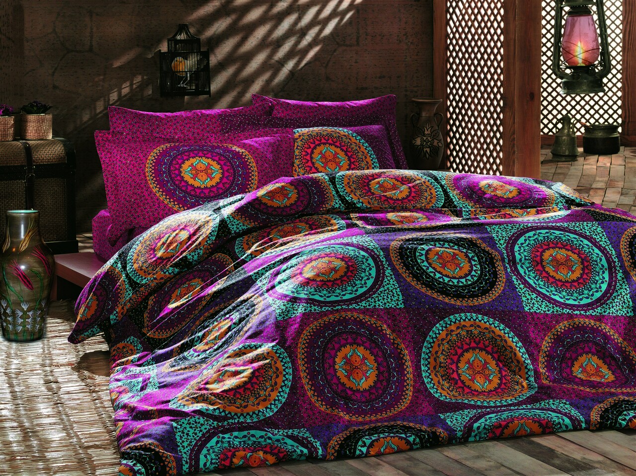 Lenjerie de pat dubla King, 3 piese, 220x240 cm, 100% bumbac ranforce, Turkiz, Gipsy, multicolor