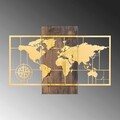 Decoratiune de perete, World Map Wıth Compass, 50% lemn/50% metal, Dimensiune: 85 x 58 cm, Nuc / Aur