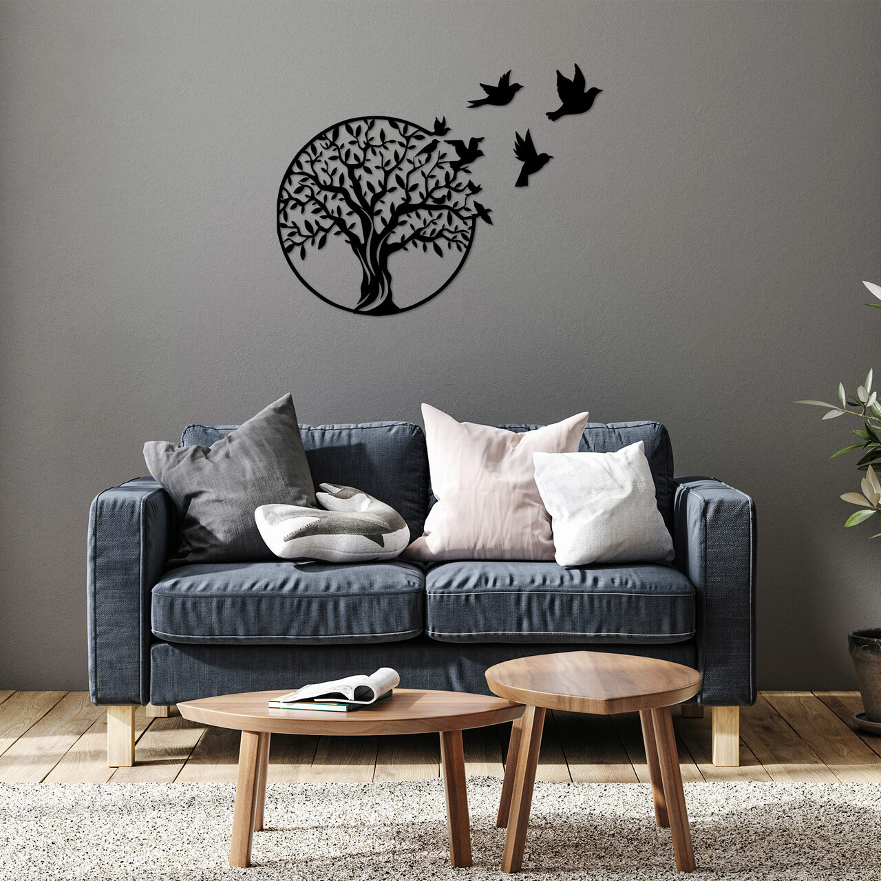 Decoratiune de perete, Tree And Birds, Metal, Dimensiune: 61 x 56 cm, Negru - 1 | YEO