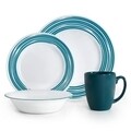 Serviciu de masa 16 piese, Corelle, Brushed Turcoaz, sticla Vitrelle/ceramica, alb/turcoaz