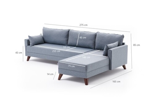 Coltar pe dreapta Bella Soft Kose Koltuk, Balcab Home, 275x165x85 cm, lemn, albastru