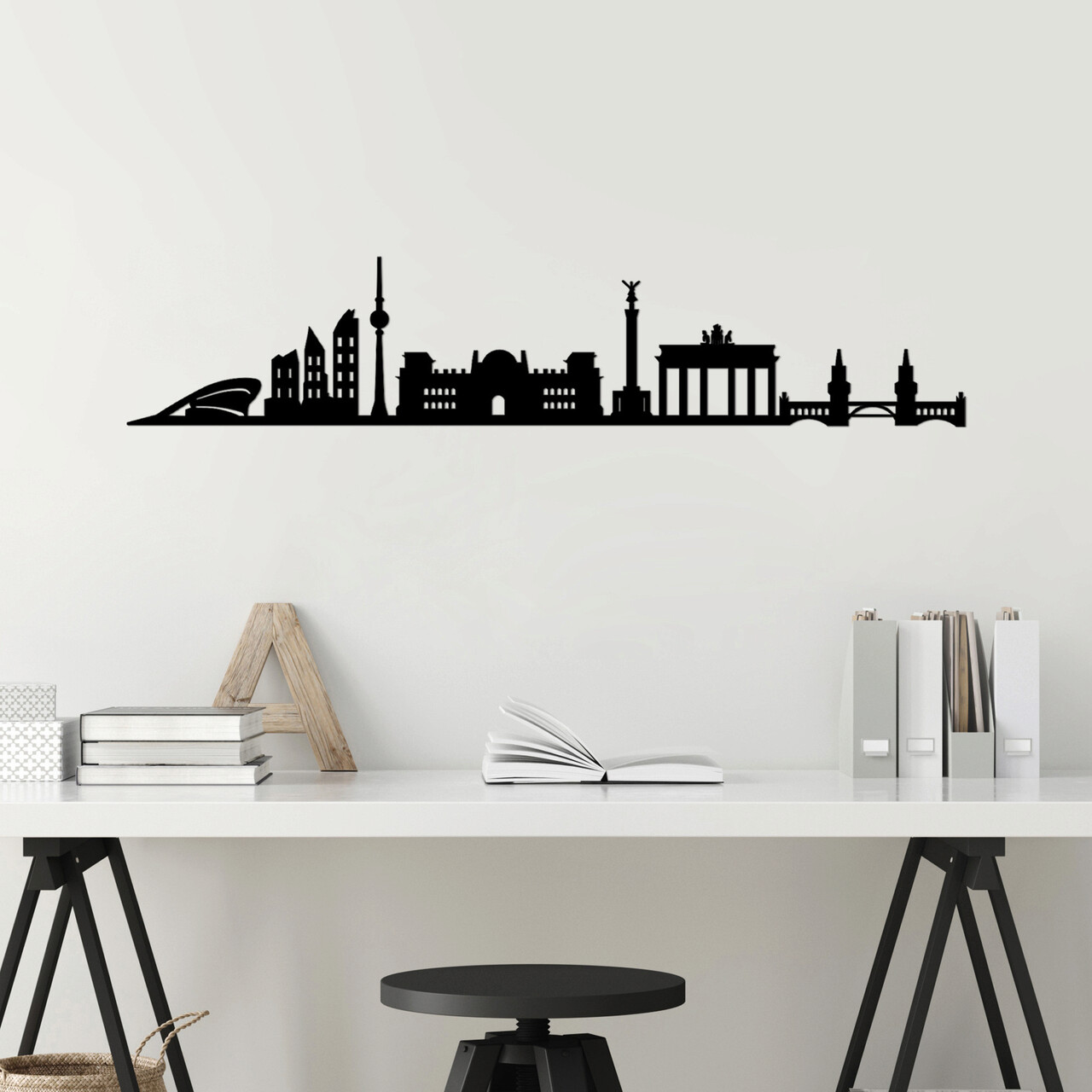 Decoratiune de perete, Berlin Skyline, Metal, Dimensiune: 119 x 24 cm, Negru - 1 | YEO