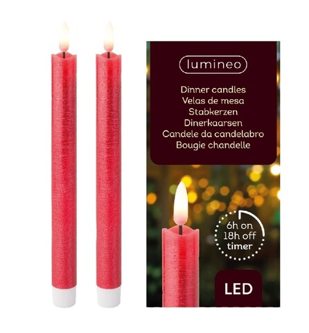 Set 2 lumanari cu LED, Lumineo, cu baterii, 2x24 cm, ceara, rosu