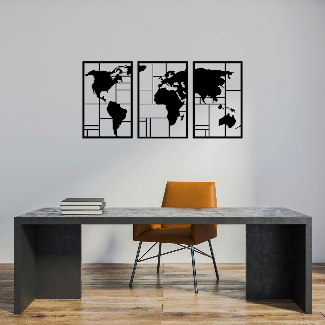 Decoratiune de perete, World Map 3, Metal, 48 x 74 cm, 3 piese, Negru - 1 | YEO