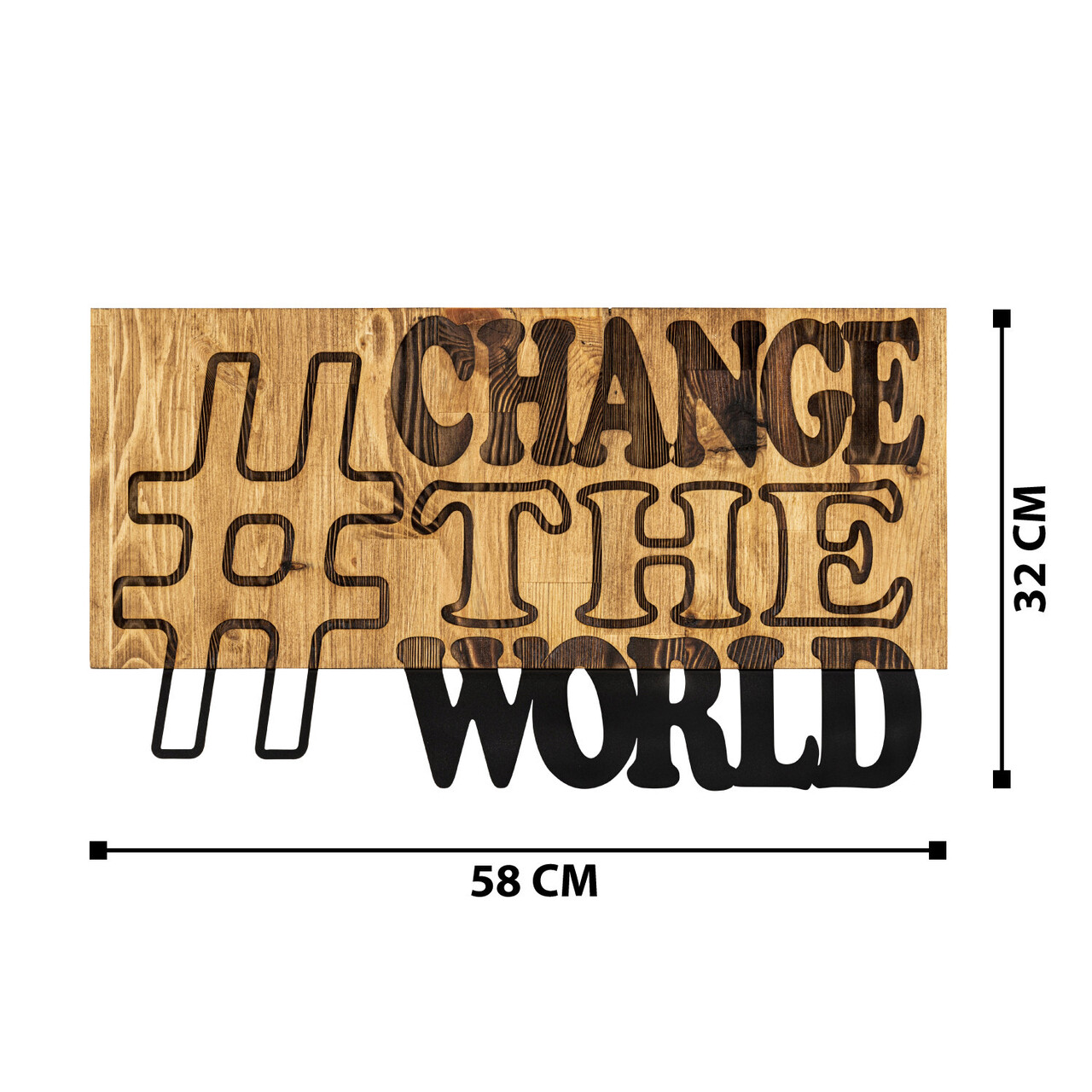 Decoratiune de perete, Change The World, lemn/metal, 58 x 32 cm, negru/maro