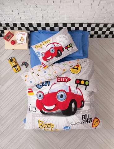 Lenjerie de pat pentru o persoana, 3 piese, 160x220 cm, 100% bumbac ranforce, Cotton Box, Beep Beep, rosu