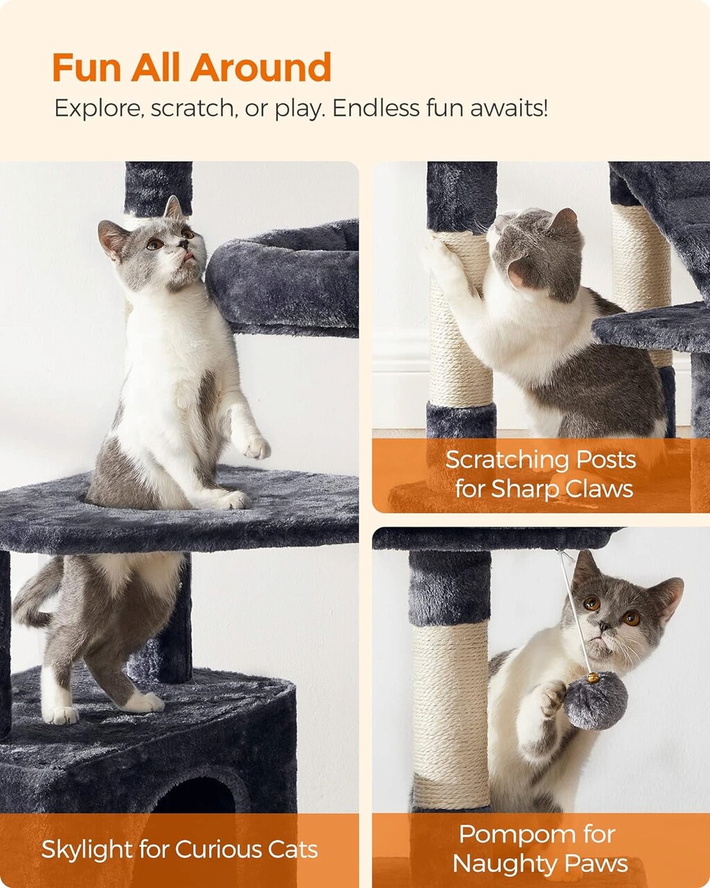 Ansamblu de joaca pisici cu hamac / arbore pentru pisici, Feandrea, 50x45x142 cm, PAL/plus/sisal, gri inchis
