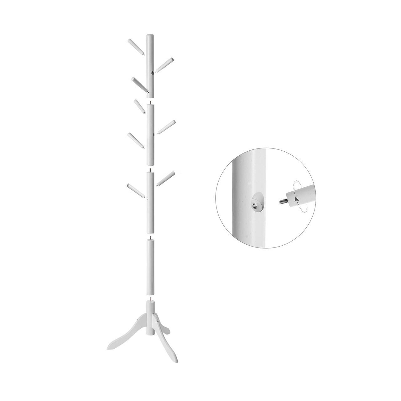 Cuier cu 8 agatatori Tree, Vasagle, inaltime ajustabila, 47x47x175 cm, max 20 kg, lemn masiv de arbore de cauciuc, alb