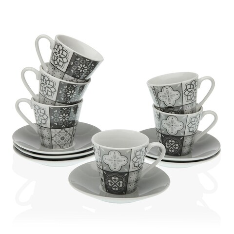 Set 6 cesti cu farfurie Grey Mosaic, Versa, Ø5.8x6 cm, portelan