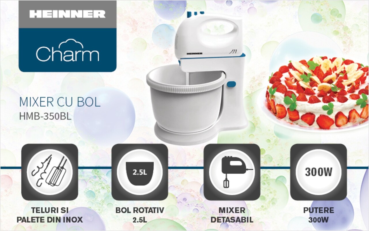 Mixer cu bol Charm, Heinner, 300 W, 5 viteze, alb/albastru