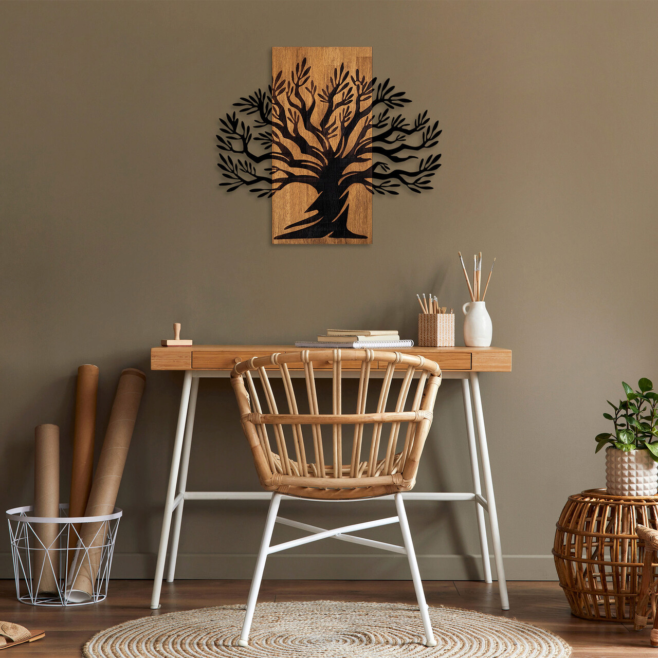 Decoratiune de perete, Monumental Tree, 50% lemn/50% metal, Dimensiune: 67 x 58 cm, Nuc / Negru