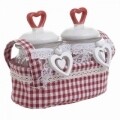 Set 2 borcane cu capac si cos, InArt, 9.5 x 18 x 34 cm, sticla/bumbac, alb/rosu