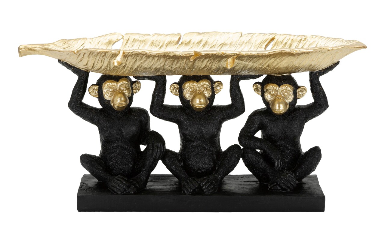 Decoratiune cu platou, Monkey Trio, Mauro Ferretti, 43 x 15.7 x 20 cm, polirasina, negru/auriu