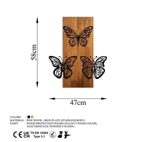 Decoratiune de perete, Butterflies 1, Lemn/metal, Dimensiune: 47 x 58 cm, Nuc / Negru