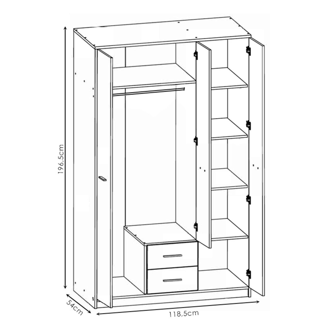 Dulap pentru haine Serenity, Pakoworld, cu 3 usi, 118.5x54x196.5 cm, PAL/MDF, alb/sonoma