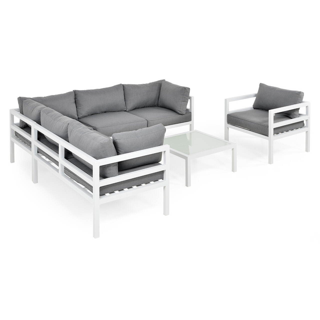 Set mobilier pentru exterior, 5 piese Madrid, 220x220x74 cm, aluminiu/poliester, alb/gri - 1 | YEO