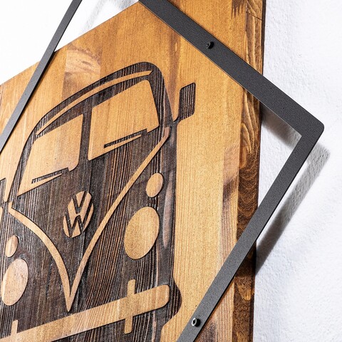 Decoratiune de perete, Old Car, 50% lemn/50% metal, Dimensiune: 54 x 54 cm, Nuc / Negru