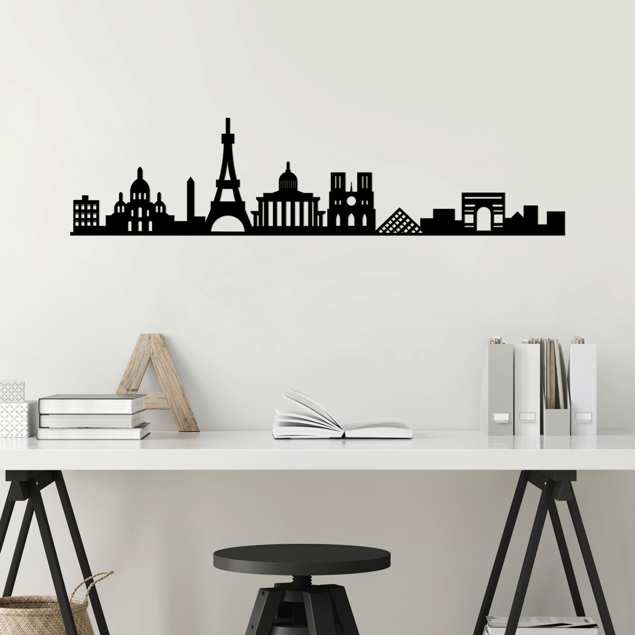 Decoratiune de perete, Paris Skyline, Metal, Dimensiune: 120 x 29 cm, Negru - 1 | YEO