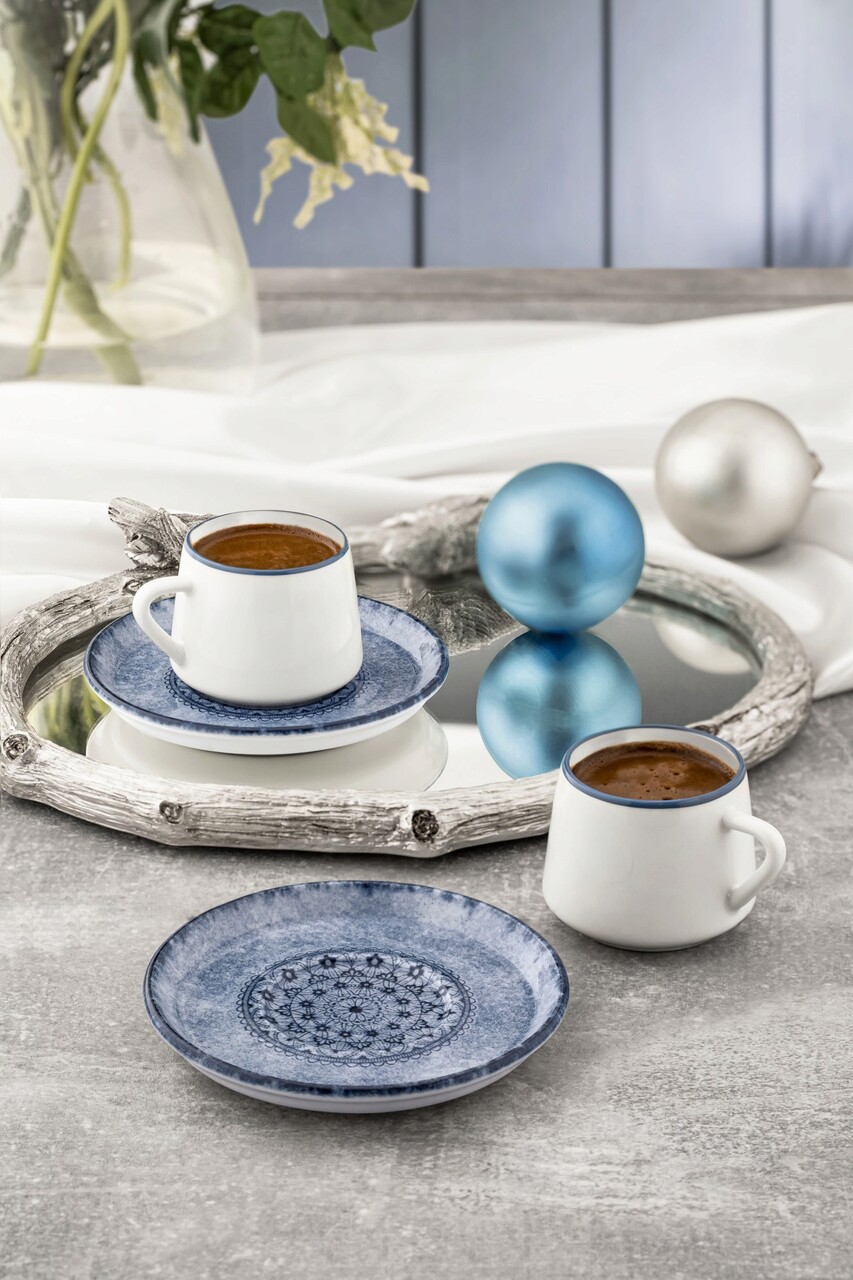 Set cesti de cafea, Noble Life, 721NBL3178, 100% PORCELAN / , Ceașcă de cafea: 90 cm (6 bucăți), Albastru/Alb