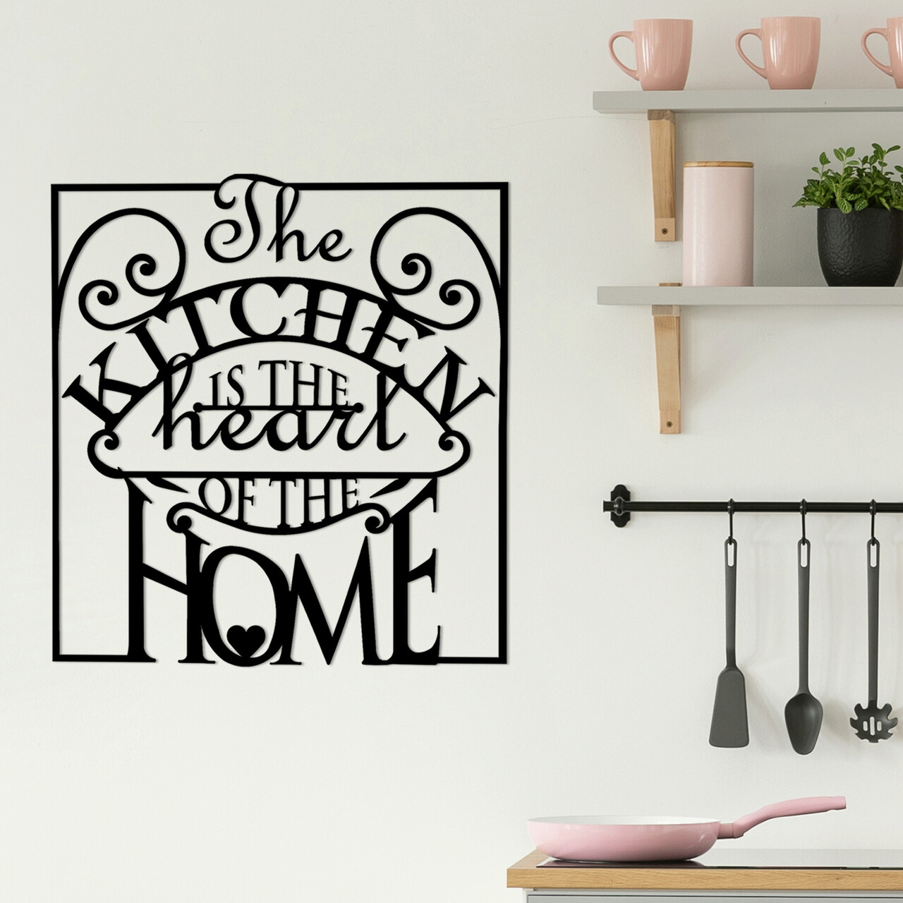 Decoratiune de perete, The Kitchen Is The Heart Of The Home, Metal, Dimensiune: 56 x 0,15 x 53 cm, Negru - 1 | YEO