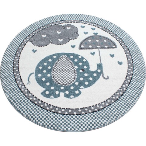 Covor copii Dotty Elephant Round, Decorino, 120 cm, polipropilena, albastru