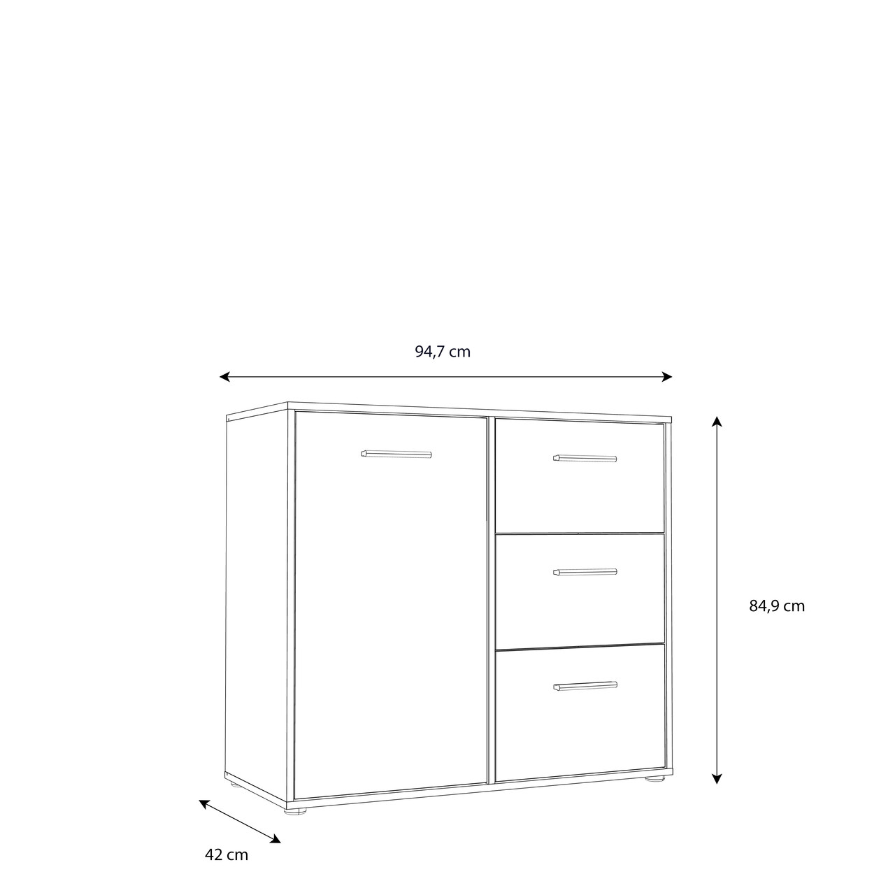 Comoda 3 sertare Meerlo, Bedora, 94.7x42x84.9 cm, PAL/plastic, negru/stejar