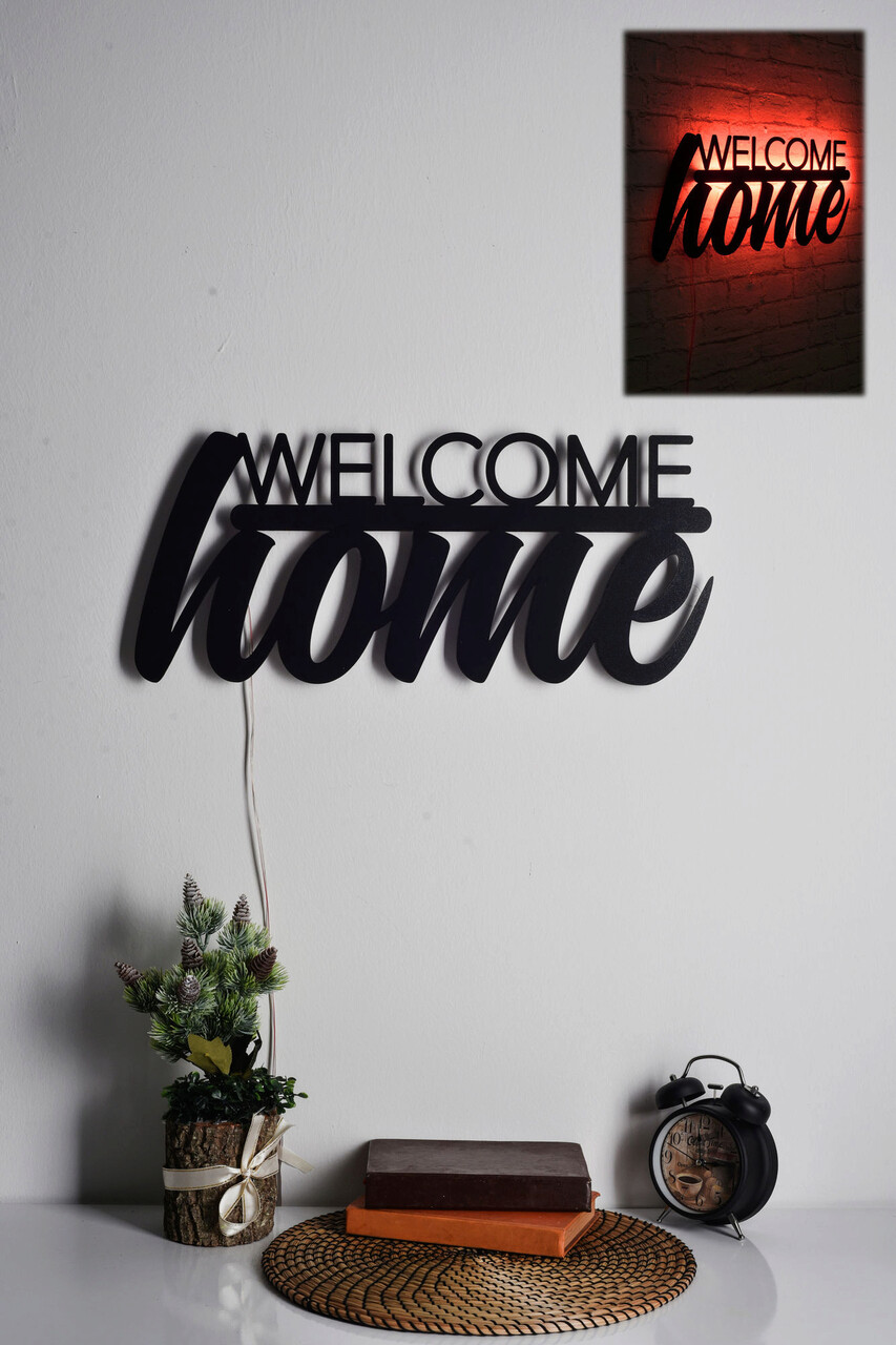 Decoratiune luminoasa LED, Welcome Home, MDF, 60 LED-uri, Rosu