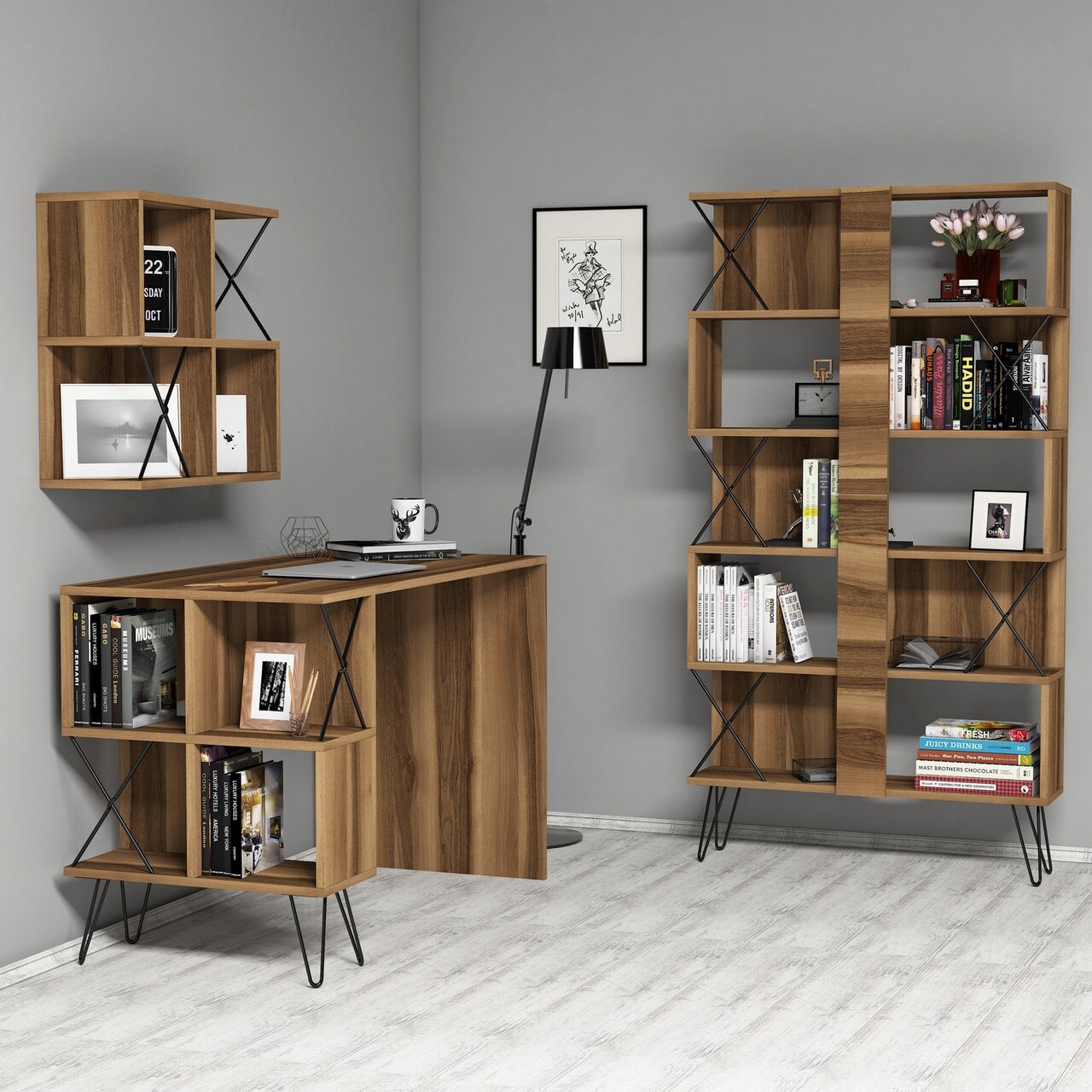 Birou cu biblioteca si raft, Hommy Craft, Extra 2, pal melaminat, nuc/negru - 1 | YEO