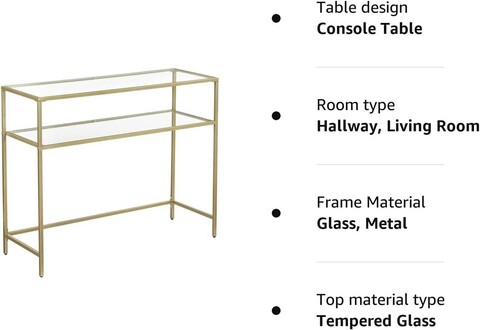 Consola Lines, Vasagle, 100 x 35 x 80 cm, otel/sticla temperata, auriu