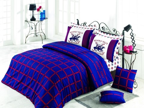 Lenjerie de pat dubla king size, Beverly Hills Polo Club, BHPC 012 - Dark Blue, 3 piese, bumbac ranforce, multicolor