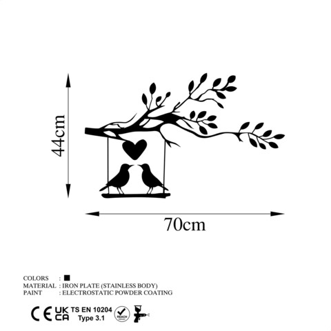 Decoratiune de perete, Love Of Birds, Metal, Dimensiune: 70 x 44 cm, Negru