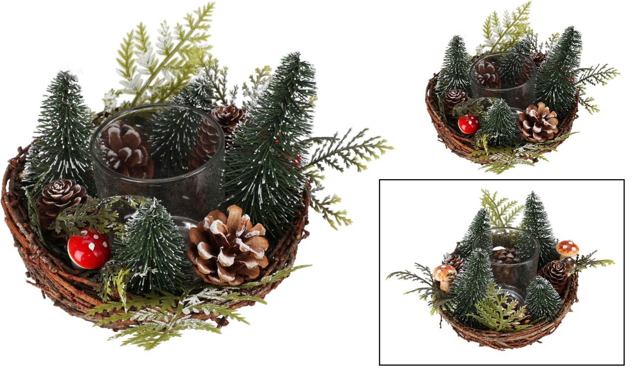 Coronita de masa cu suport lumanare Xmas Ambiance v2, 15x15x15 cm, salcie/ratan, verde - 1 | YEO