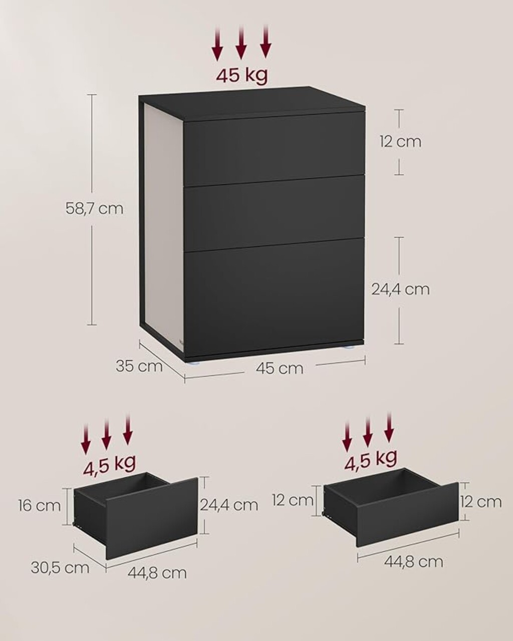 Noptiera cu 3 sertare, Vasagle, 45x35x58.7 cm, asamblare fara unelte, PAL, negru cerneala/bej