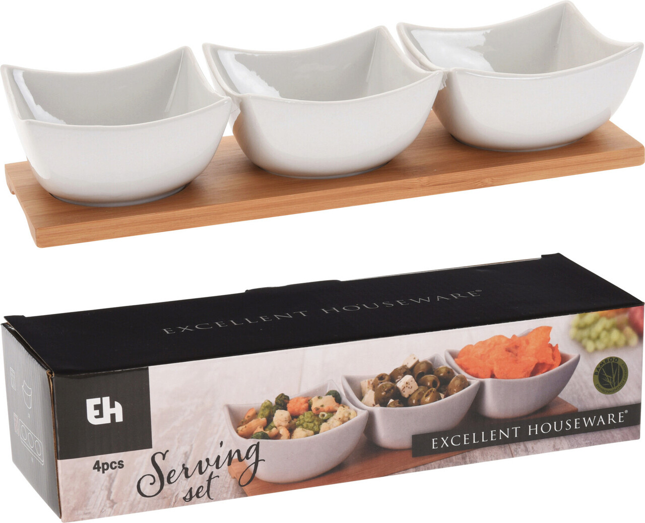 Set Pentru Aperitive 4 Piese Eti, Excellent Houseware, 30x10x6 Cm, 185 Ml, Portelan/bambus