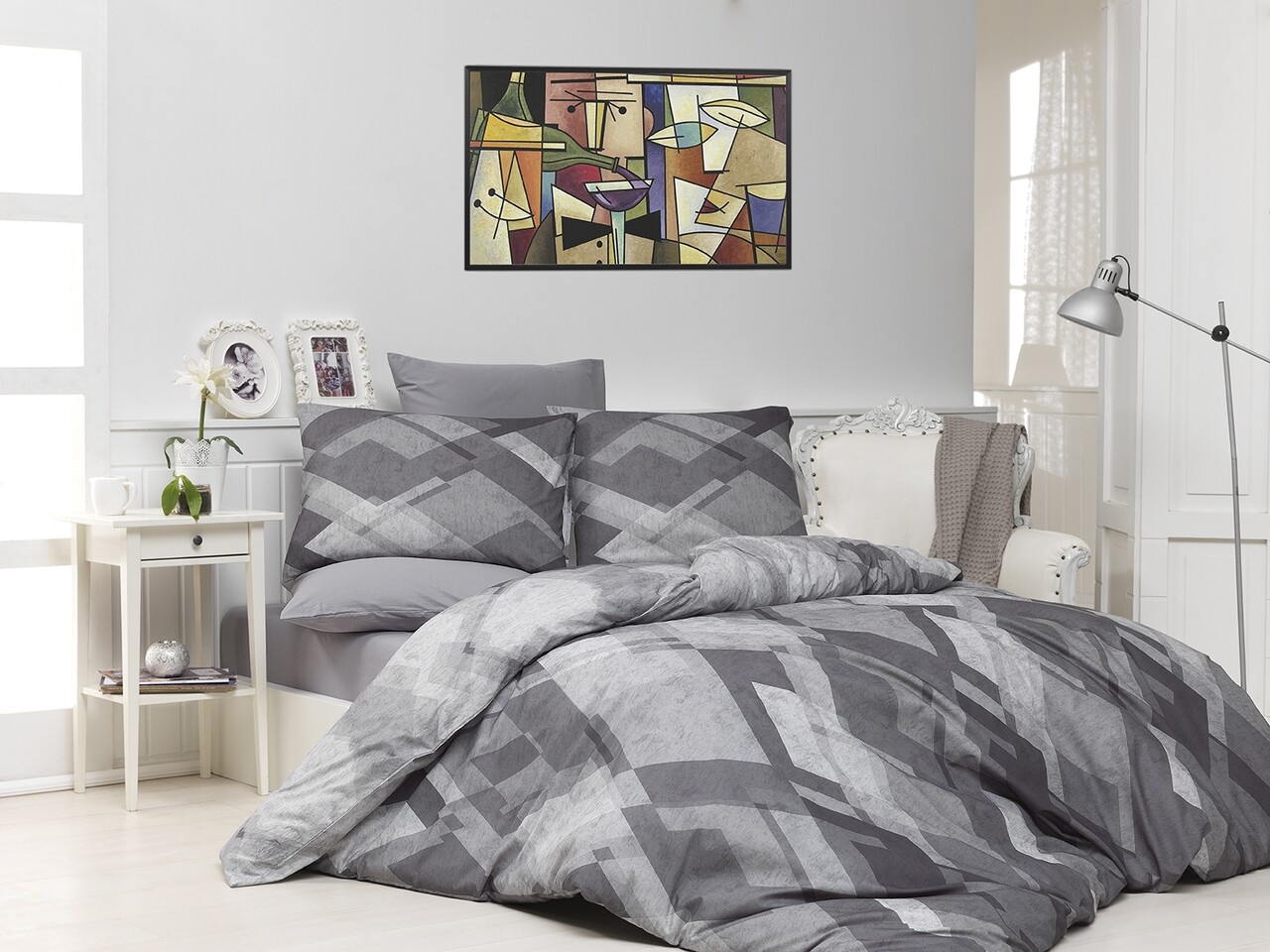 Lenjerie De Pat Dubla Mosaic V6, Majoli Home Collection, 4 Piese, 240x260 Cm, Bumbac Ranforce, Gri