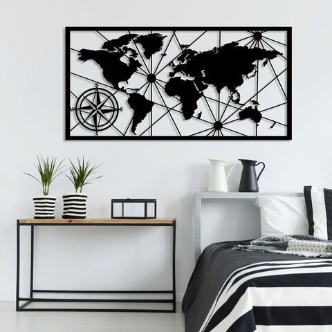 Decoratiune de perete, World Map Large 2, Metal, Dimensiune: 120 x 60 cm, Negru