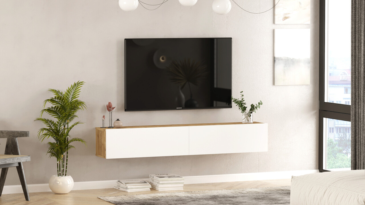 Comoda TV Bedora, 180x31.6x29.6 cm, PAL, alb/natur