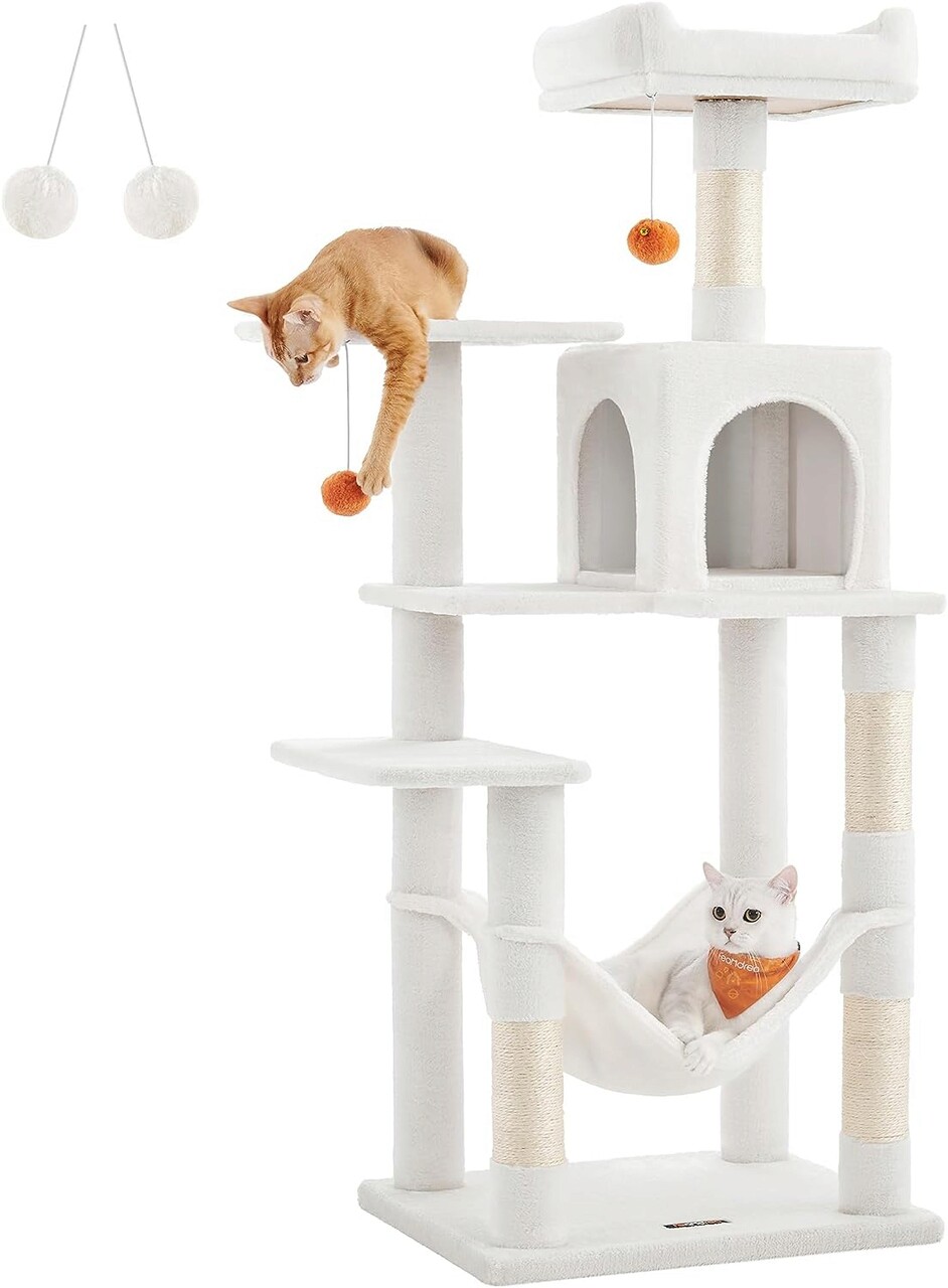 Ansamblu de joaca pisici cu hamac / arbore pentru pisici, Feandrea, max 40 kg, 55x45x143 cm, PAL/plus/sisal, crem deschis
