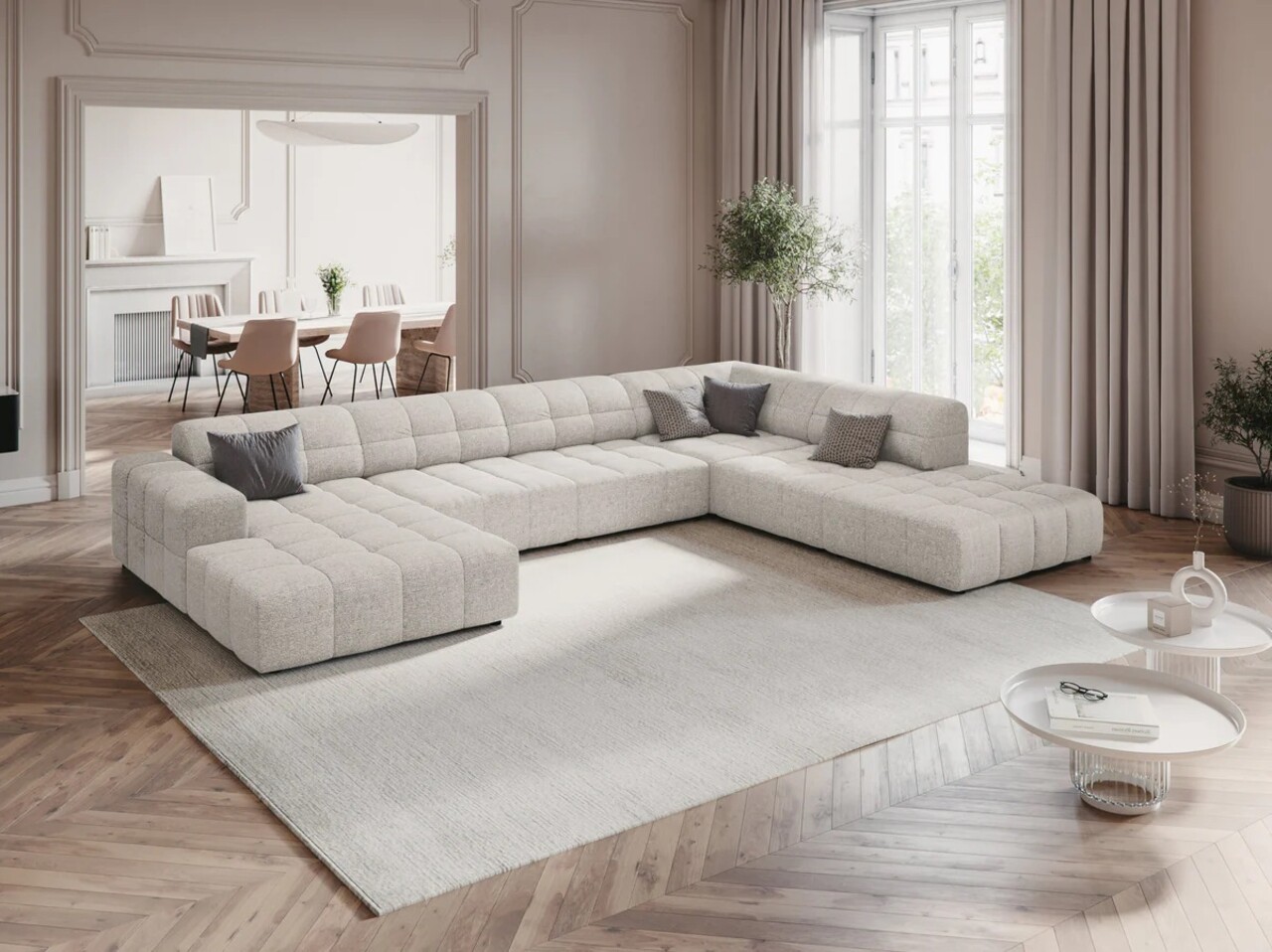 Coltar panoramic drepta 7 locuri, Jennifer-140, Micadoni Home, 364x262x70 cm, tesatura chenille din poliester, gri deschis - 1 | YEO