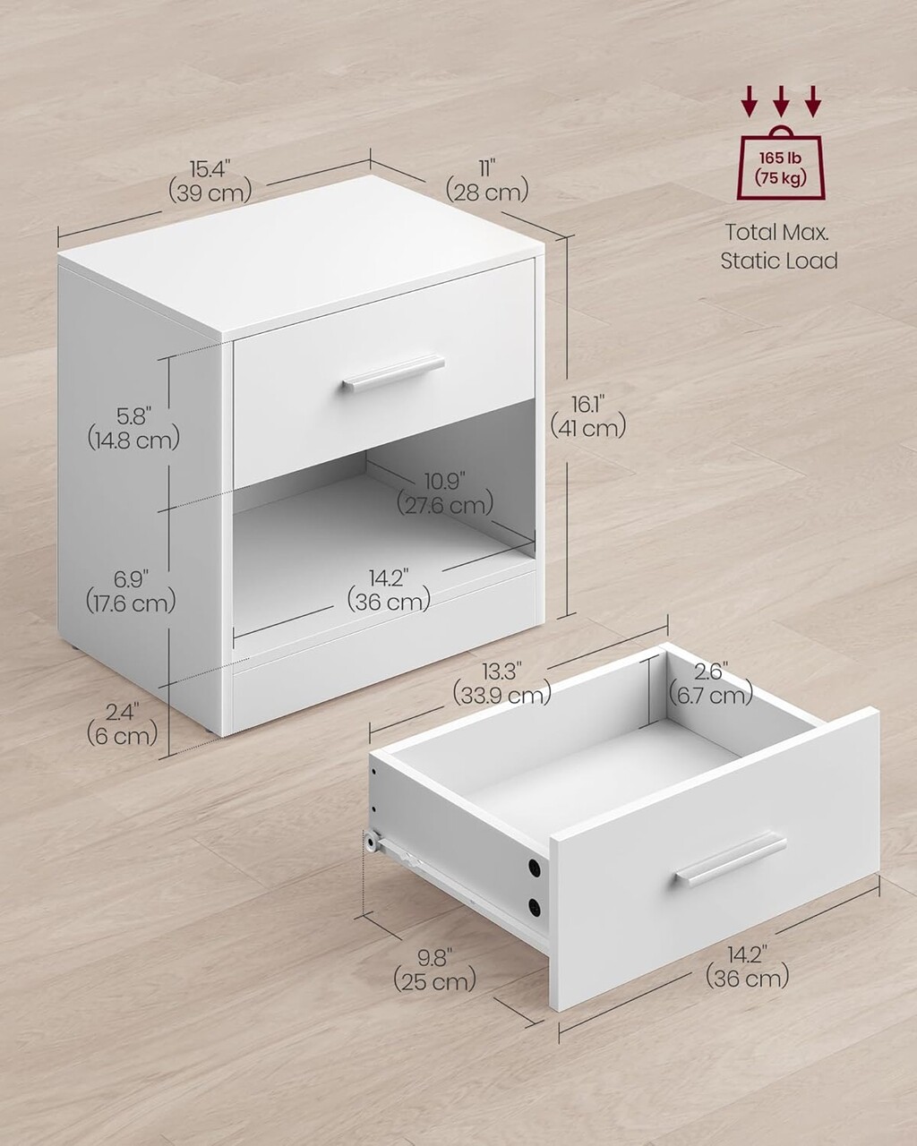 Set 2 noptiere, Vasagle, 45x35x58.3 cm, PAL, max 75 kg, alb mat