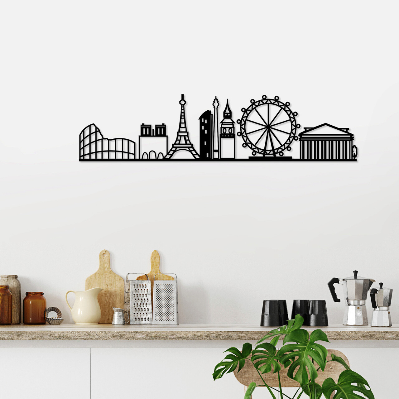 Decoratiune de perete, European Cities Skyline, Metal, Dimensiune: 120 x 29 cm, Negru - 1 | YEO