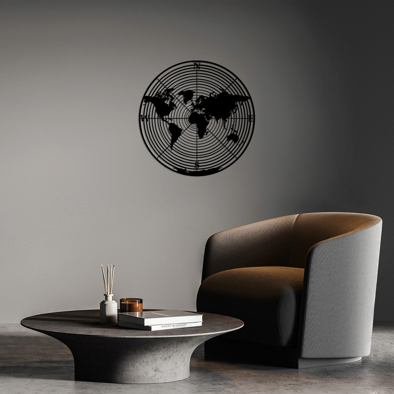 Decoratiune de perete, World Map 9, Metal, Dimensiune: 68 x 68 cm, Negru - 2 | YEO