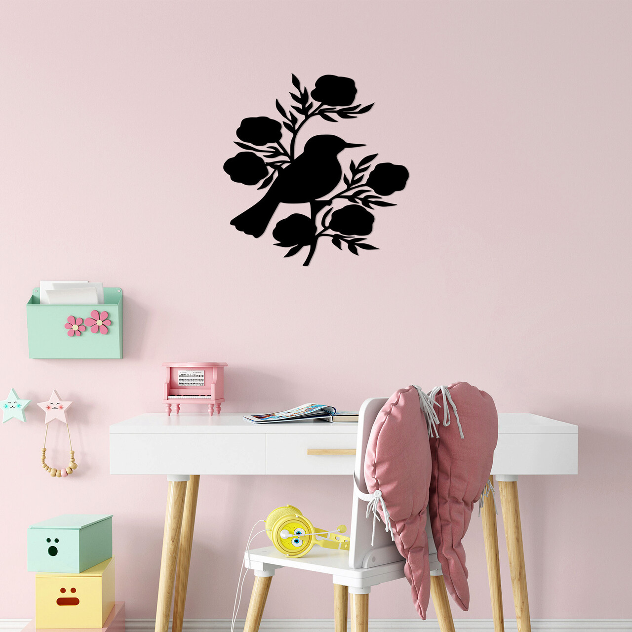 Decoratiune de perete, Rose And Bird, Metal, Dimensiune: 67 x 70 cm, Negru - 1 | YEO