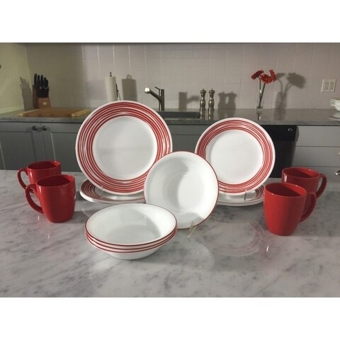 Serviciu de masa 16 piese, Corelle, Brushed Red, sticla Vitrelle/ceramica, alb/rosu