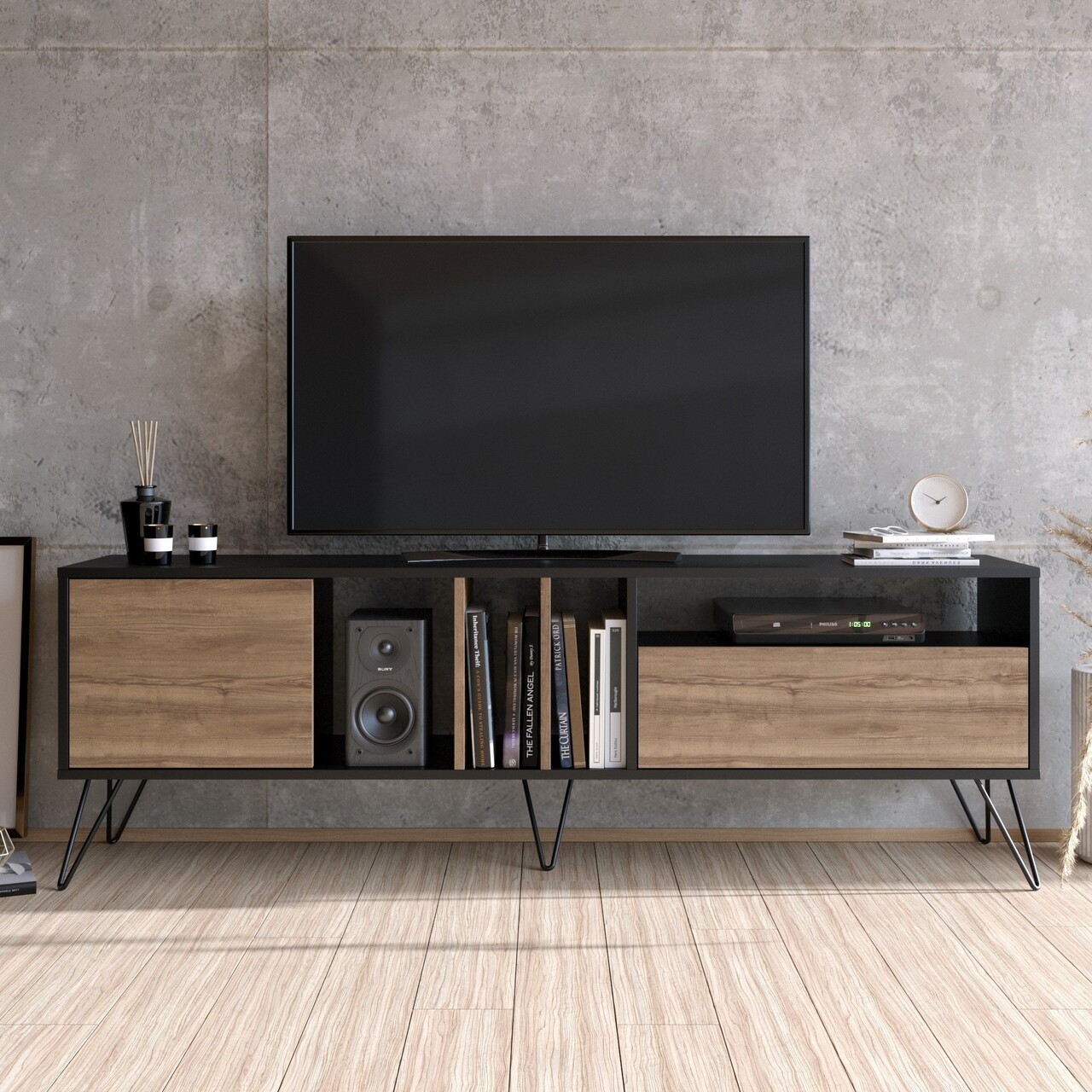 Comoda TV Mistico Walnut, Zena Home, 180x35.5x58.7 cm, maro/negru - 1 | YEO