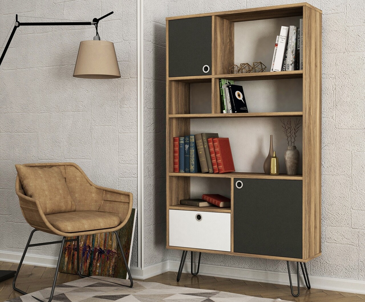 Biblioteca Karamel, Tera Home, 90x25x160 cm, gri/maro - 1 | YEO