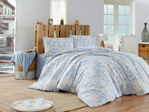 Lenjerie de pat dubla king size, Eponj Home, Tuval 143EPF44245, 3 piese, amestec bumbac, bleu/alb