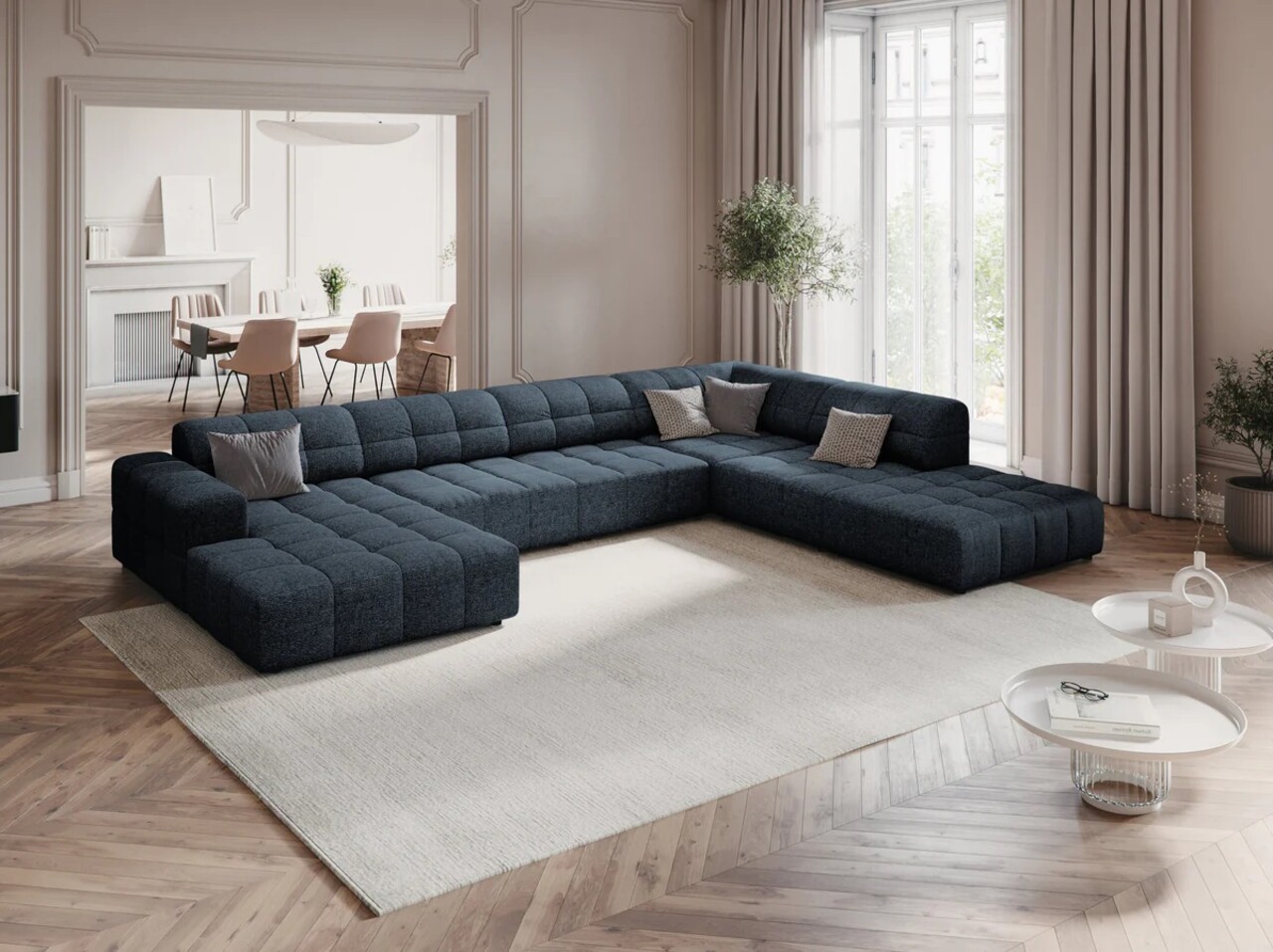 Coltar panoramic drepta 7 locuri, Jennifer-140, Micadoni Home, 364x262x70 cm, tesatura chenille din poliester, albastru regal - 1 | YEO